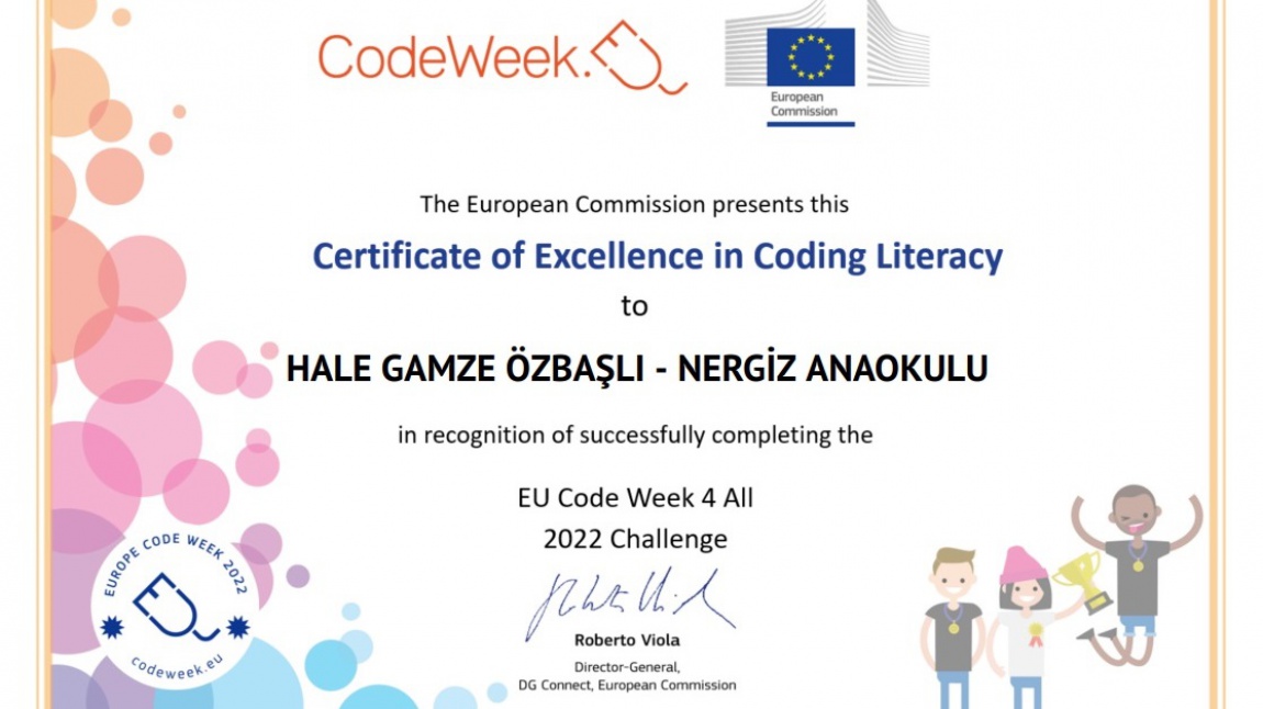 2022 Code Week 4 All Yarışmasının Certificate of Excellence 2022 Mükemmellik Sertifikası